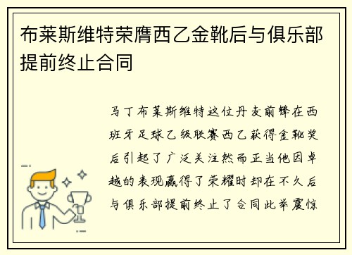布莱斯维特荣膺西乙金靴后与俱乐部提前终止合同