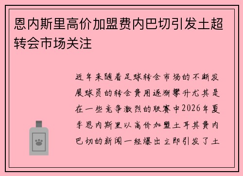 恩内斯里高价加盟费内巴切引发土超转会市场关注
